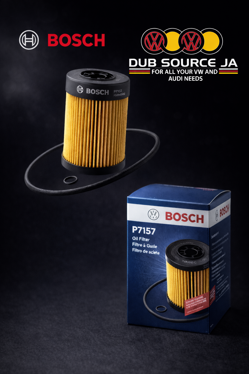 "Bosch oil filter P7157 available at Dub Source Limited in Kingston, Jamaica. Genuine Bosch part for Volkswagen and Audi engines."