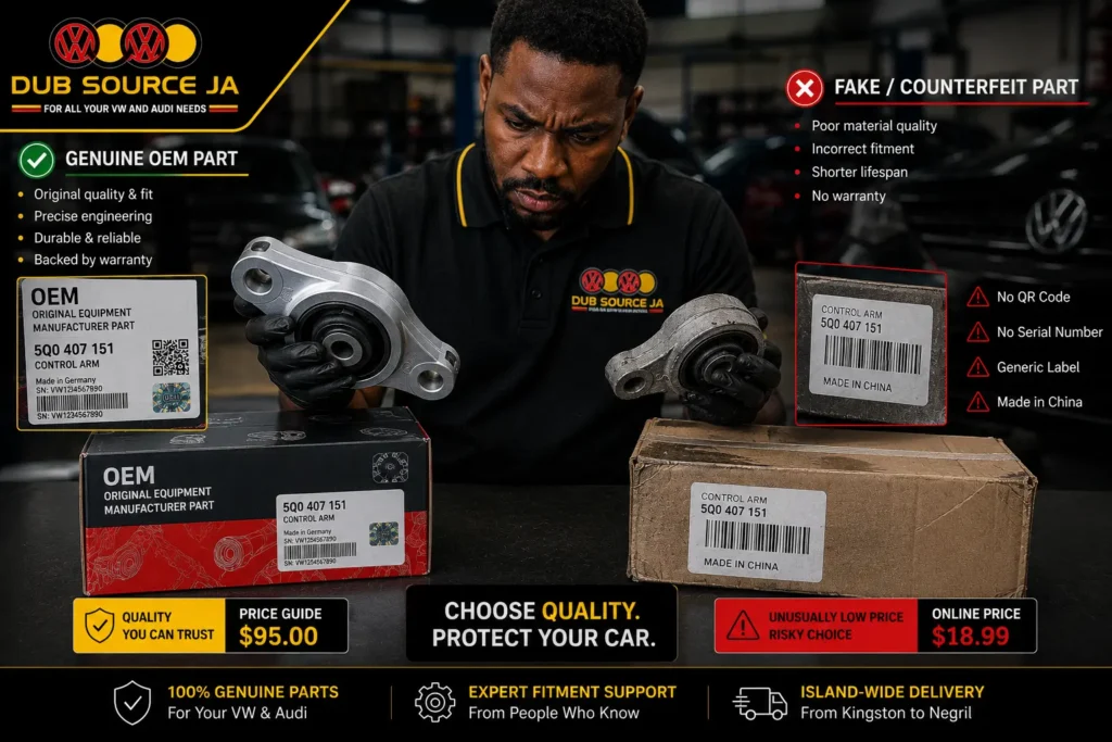 Illustration highlighting common fake OEM car part scams and warning signs for buyers in Jamaica.