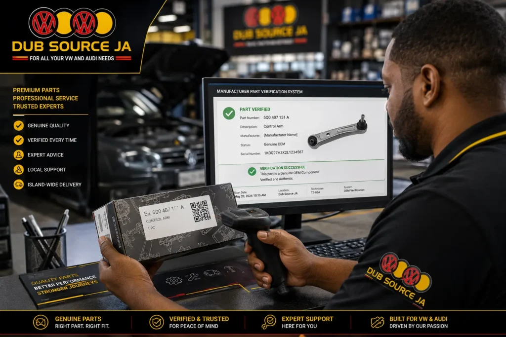 Mechanic verifying an OEM car part number using the manufacturer's official database.