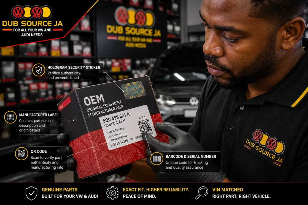 Mechanic checking OEM car part packaging, barcode, QR code, and security labels before purchase.