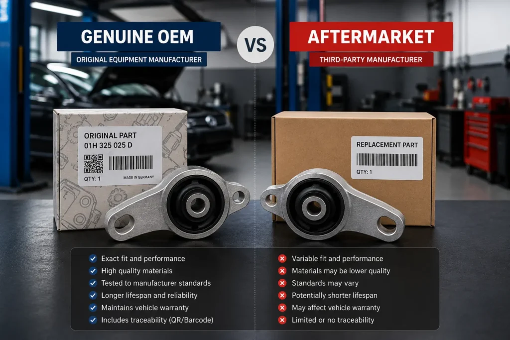 Illustration showing the difference between genuine OEM car parts and aftermarket parts in Jamaica.