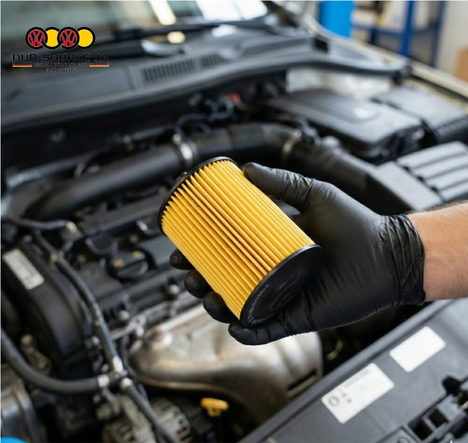 Mechanic installing Bosch air filter into engine bay for Audi and Volkswagen, ensuring optimal air intake and engine protection.