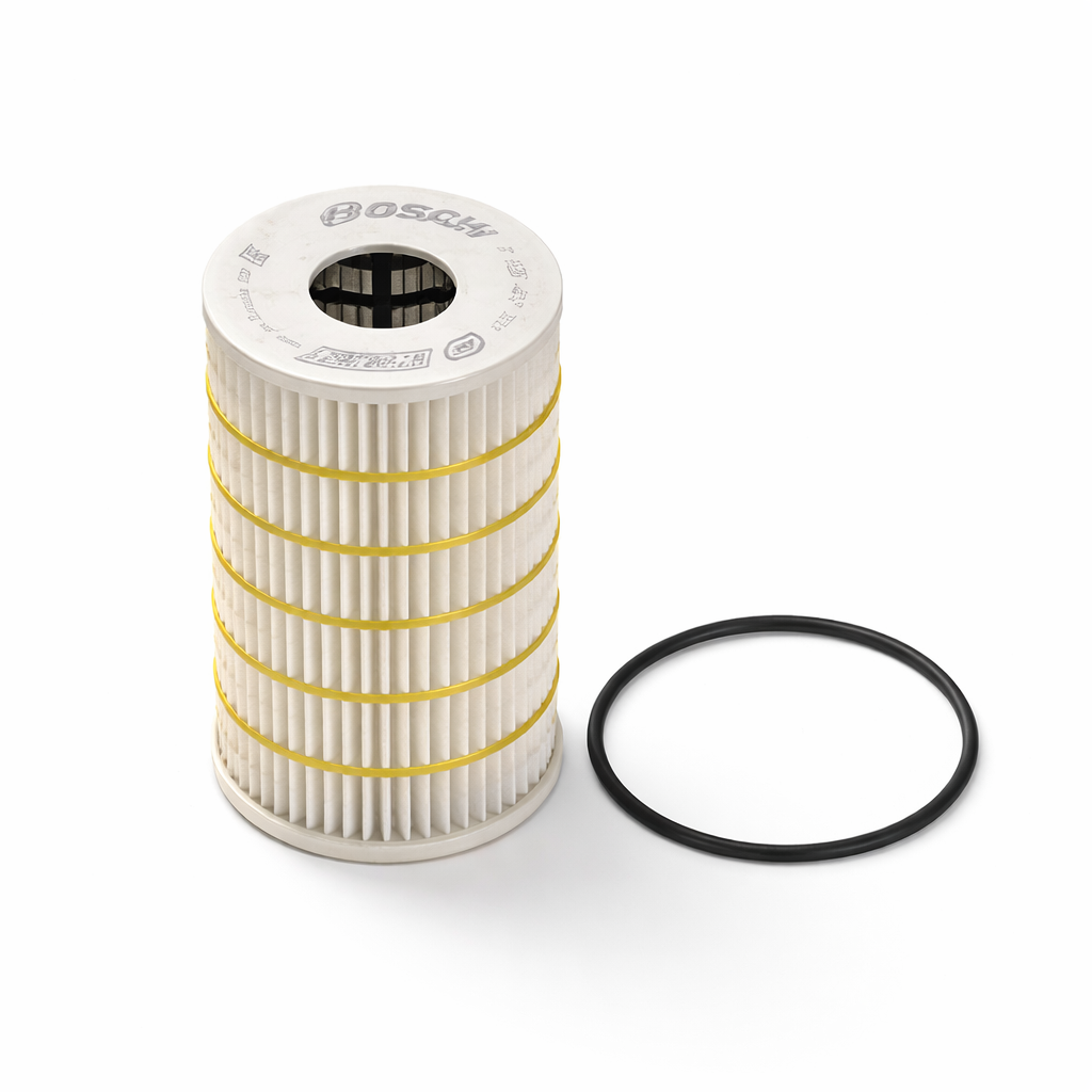Bosch oil filter cartridge with sealing O-ring on white background
