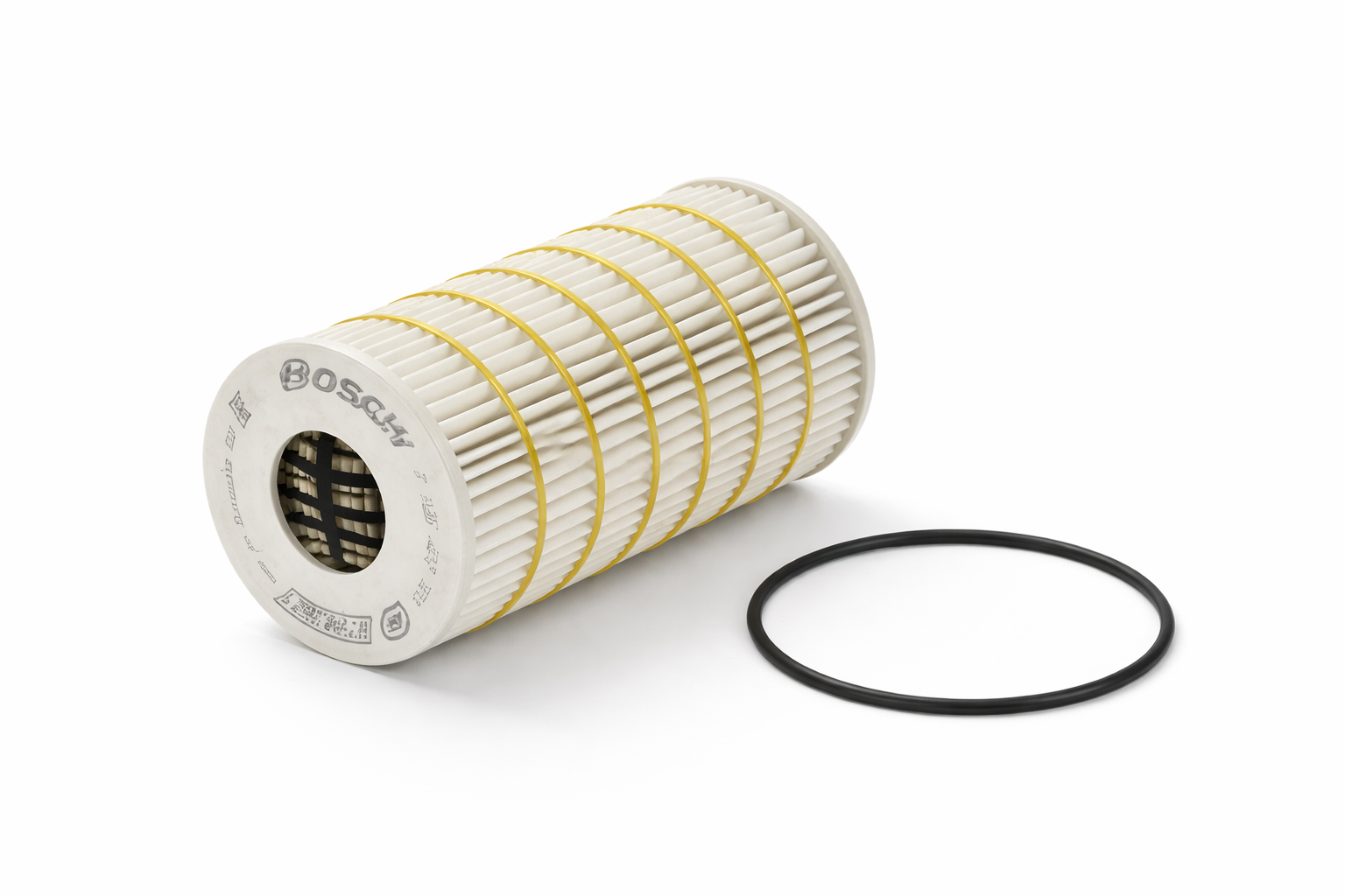 Bosch oil filter cartridge with sealing O-ring on white background