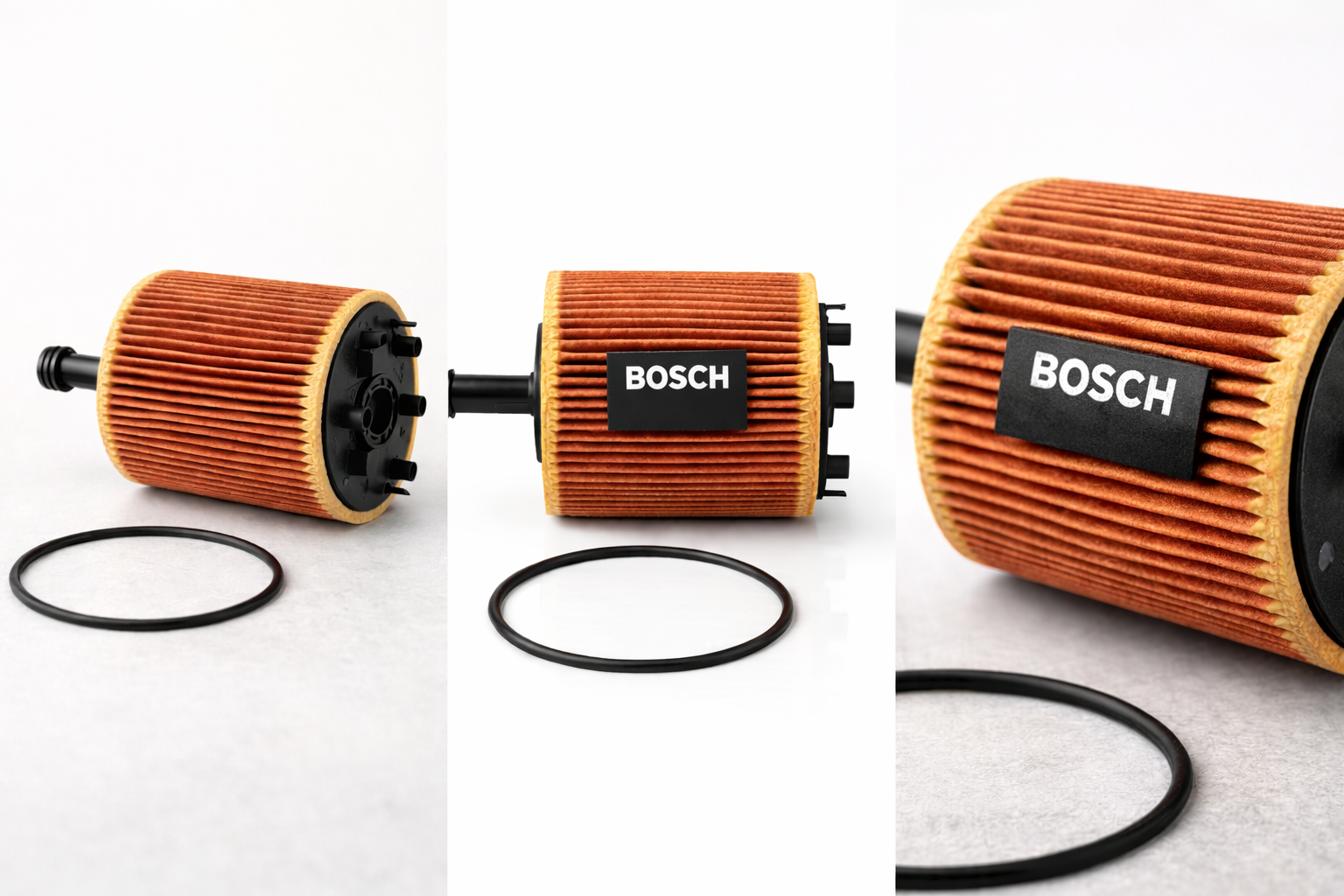 Bosch oil filter cartridge shown from multiple angles on white background