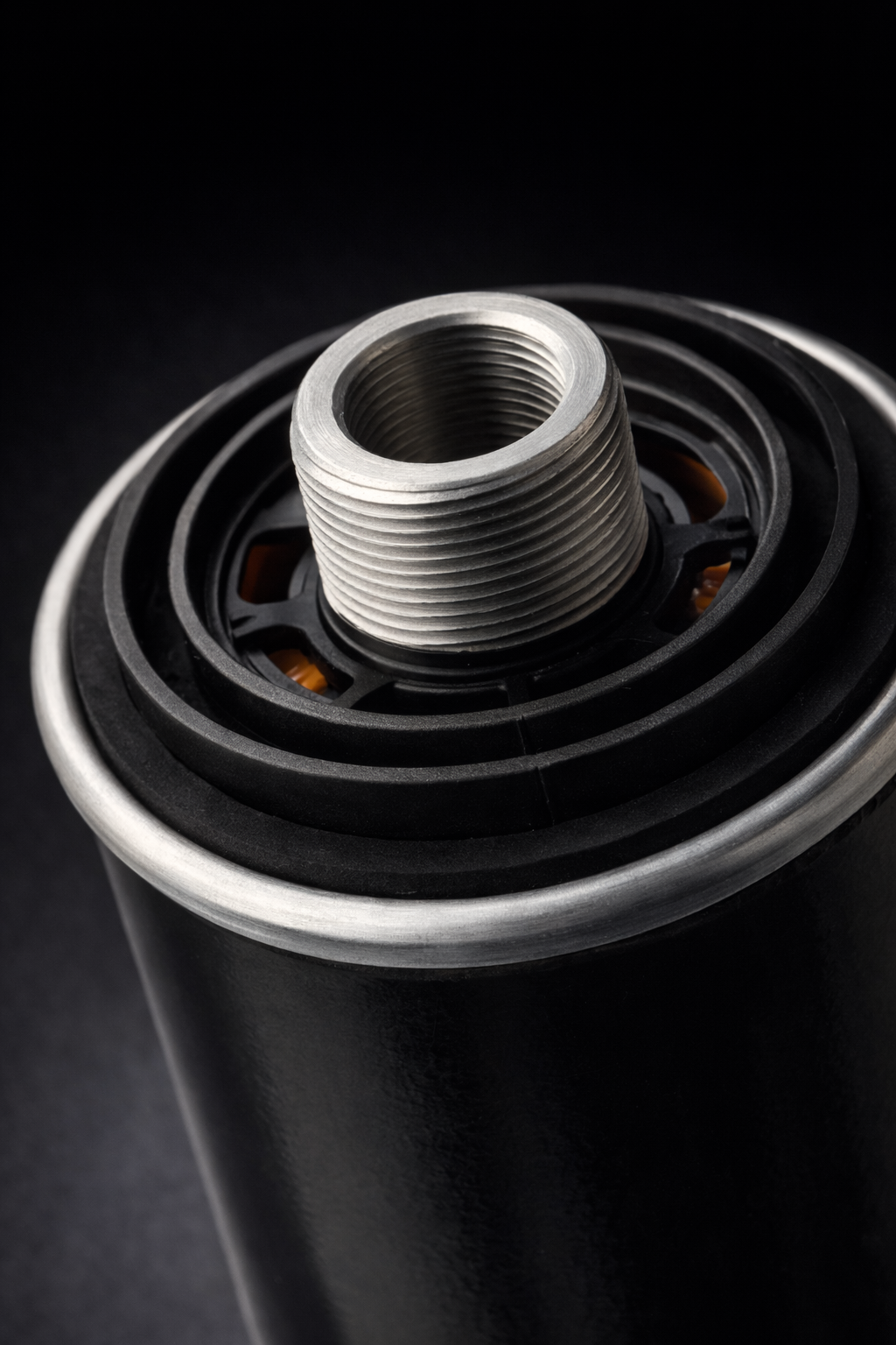 Close-up of Bosch oil filter’s threaded end – High-quality oil filter for VAG engines, available at Dub Source Limited, Kingston, Jamaica