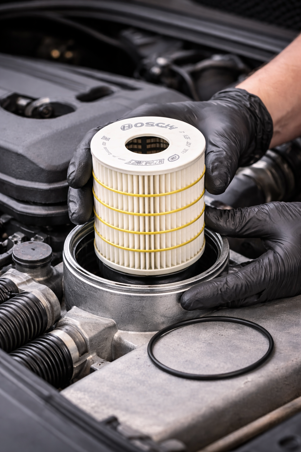 Bosch oil filter cartridge installed in engine housing during service