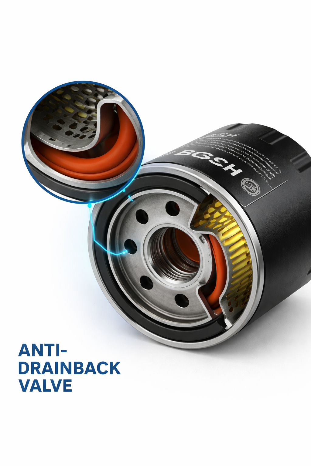 Close-up of Bosch Oil Filter P3318 showing the Anti-Drainback Valve feature. Available at Dub Source Limited in Kingston, Jamaica, for Volkswagen and Audi engines.