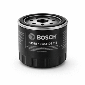 Bosch Oil Filter P3318 with visible part details, available at Dub Source Limited in Kingston, Jamaica. Ideal for petrol engines in Volkswagen and Audi vehicles.