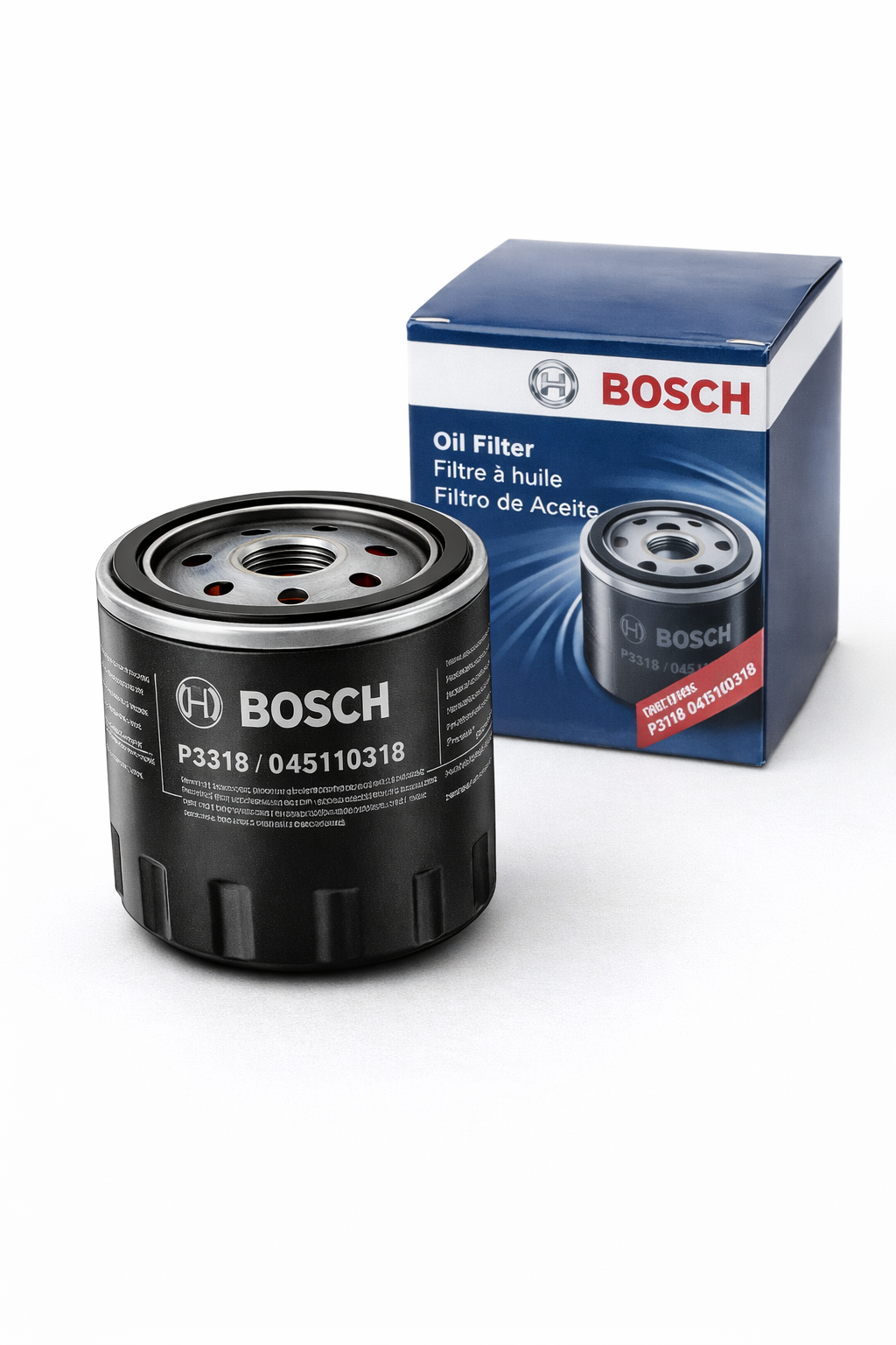 Bosch Oil Filter P3318 with packaging, available at Dub Source Limited in Kingston, Jamaica. Designed for petrol engines in Volkswagen and Audi vehicles.
