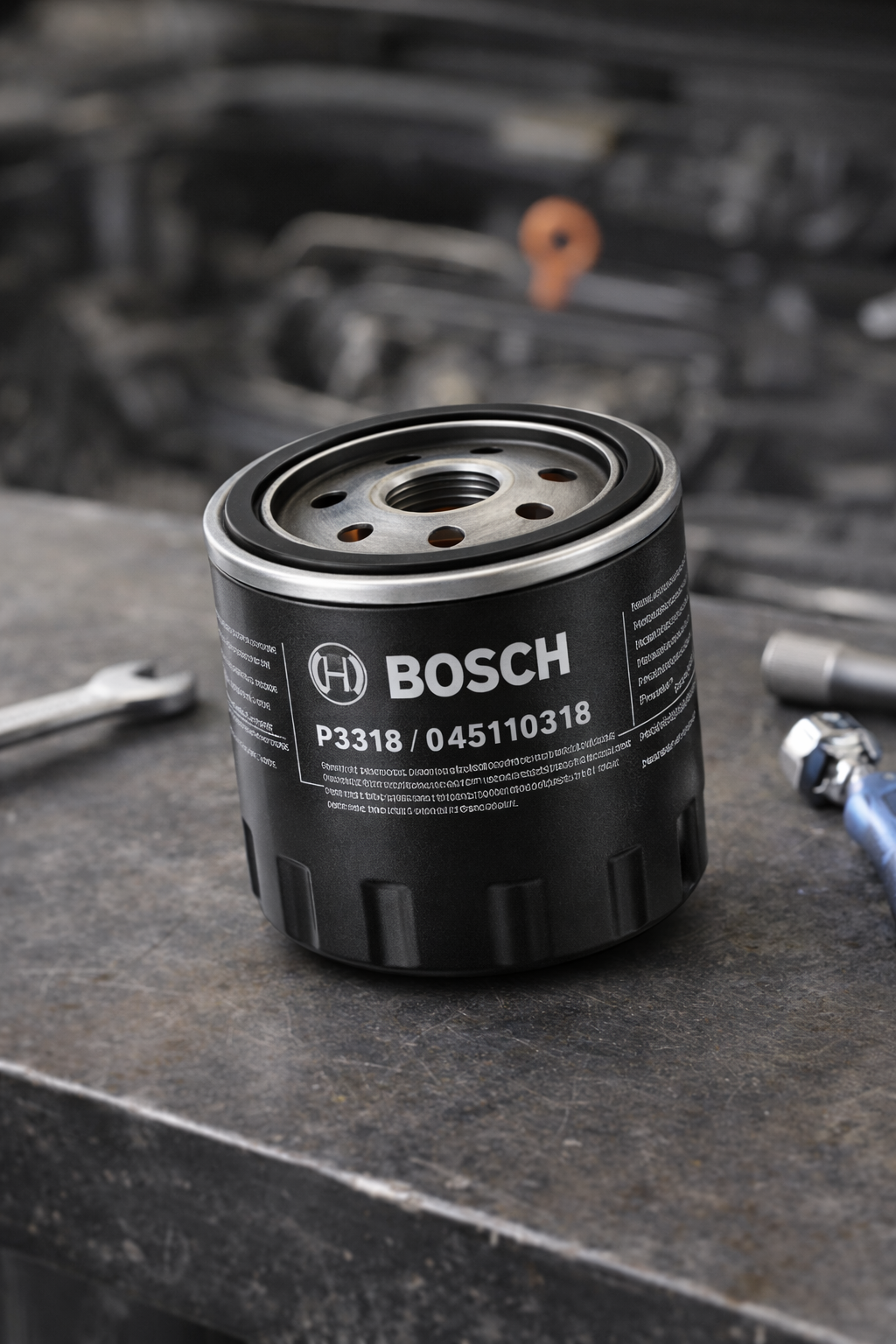 Bosch Oil Filter P3318 shown on a mechanic's workbench, ready for installation. Available at Dub Source Limited in Kingston, Jamaica, for Volkswagen and Audi vehicles.