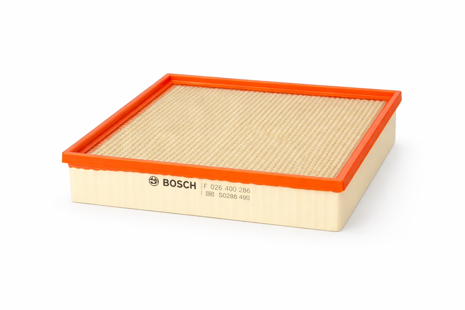 A rectangular Bosch engine air filter with a cream-colored pleated paper element and a thick orange rubber seal around the top edge, shown from a three-quarter perspective on a white background.