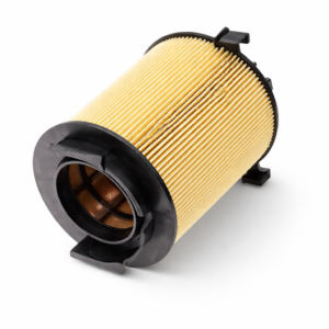 A three-quarter view of a cylindrical Bosch S9405 air filter, showing its yellow pleated media and black plastic end caps with mounting tabs.