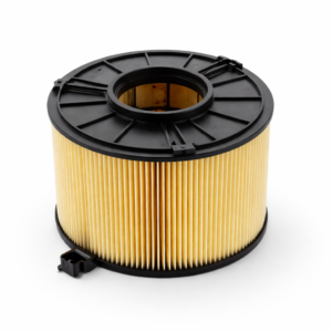 A high-angle, three-quarter view of a cylindrical Bosch S-0393 air filter with yellow pleated paper and a black plastic base and top.