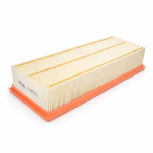 A low-angle side profile of the rectangular Bosch S9404 air filter, highlighting the height of the filter pleats and the orange sealing frame.