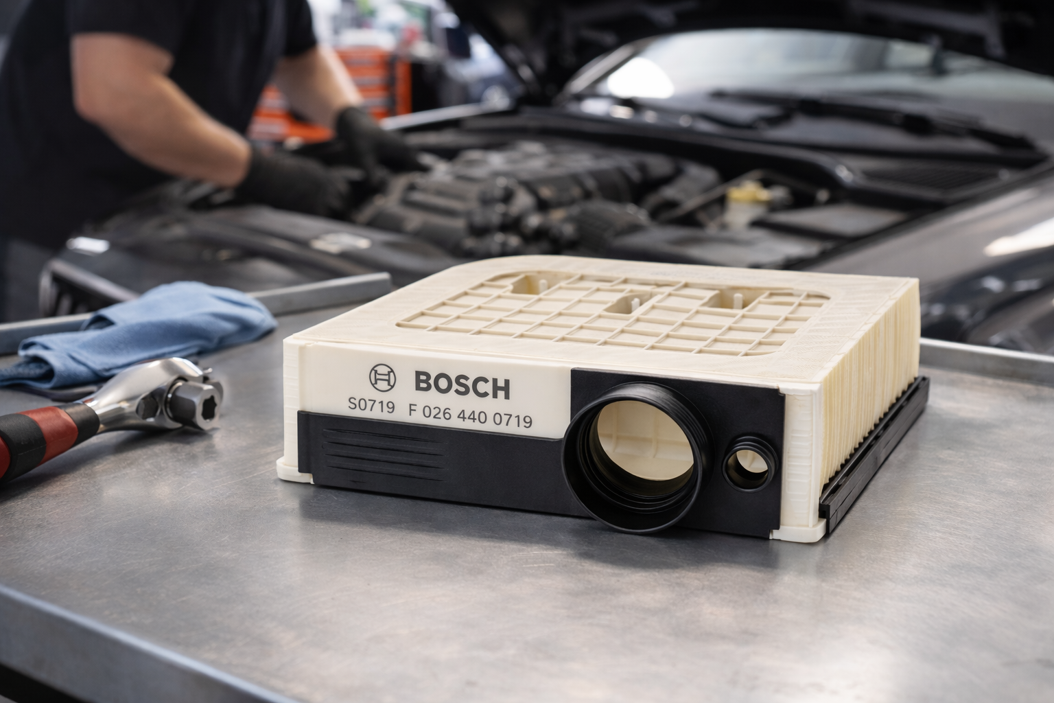 Bosch S0719 air filter placed near engine bay for Audi Q7 Q8 and VW Touareg