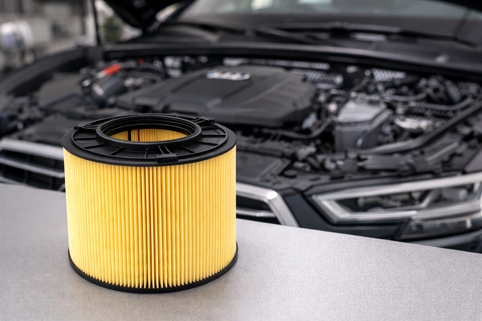Bosch S0425 air filter placed in front of an open car engine bay for scale.