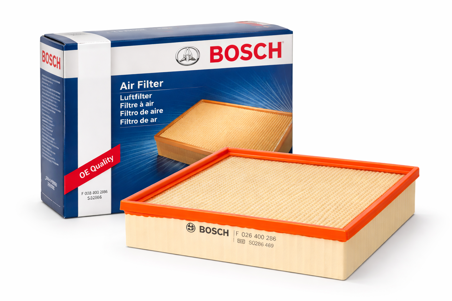 The air filter sitting in front of its blue and white Bosch retail box, which features the product name and branding.