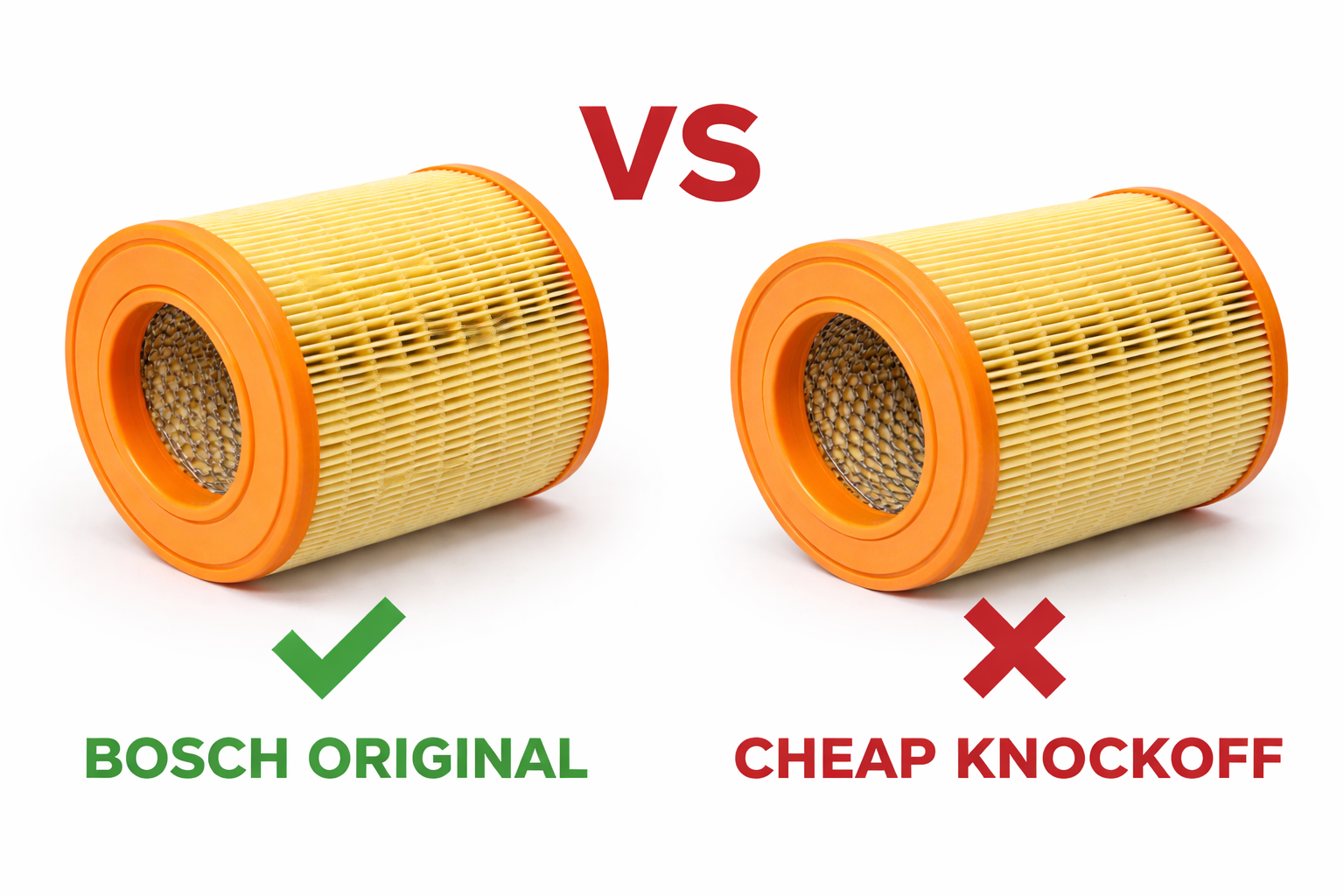 comparison-original-vs-knockoff.png,"Comparison of original Bosch air filter S0027 F026400027 vs knockoff