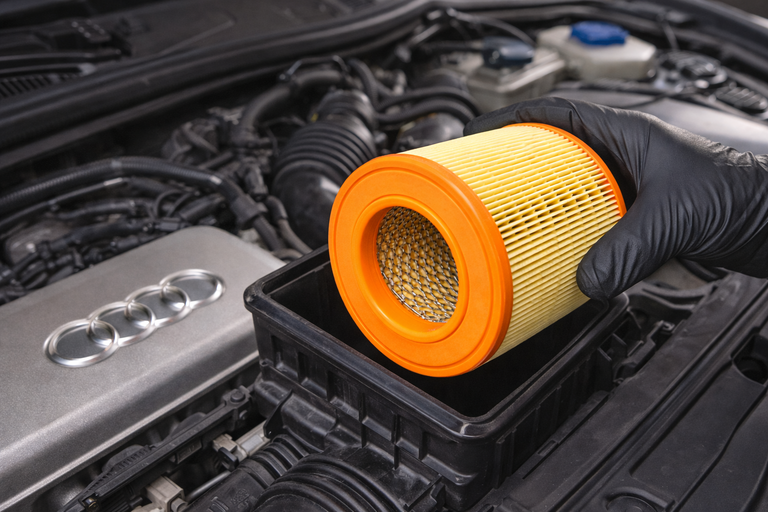 installation-in-audi-engine.png,"Bosch air filter S0027 F026400027 installed in Audi engine bay