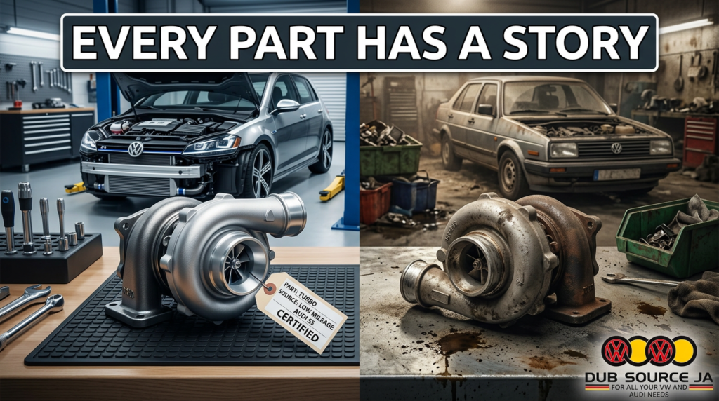 Comparison of a certified new turbocharger and a worn used turbo showing the importance of knowing a car part’s history