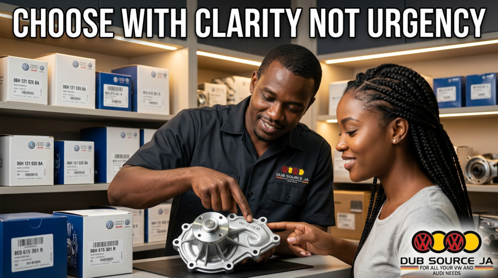 Auto parts specialist helping a customer choose a reliable used car part in a parts store with shelves of components