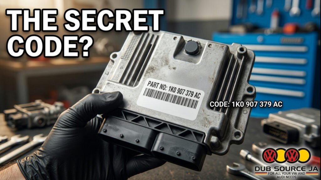 Close-up of a car ECU showing part number label highlighting the importance of matching part numbers for used auto parts