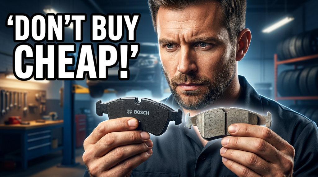 A close-up shot of a Bosch brake pad being held by a mechanic, showing the high-quality material. On the other hand, a generic brake pad is placed next to it, demonstrating the difference in build quality. The mechanic should look focused and professional. The background should be an auto shop environment, with tools and a vehicle in the background, emphasizing the comparison of high-quality parts vs. cheaper alternatives.