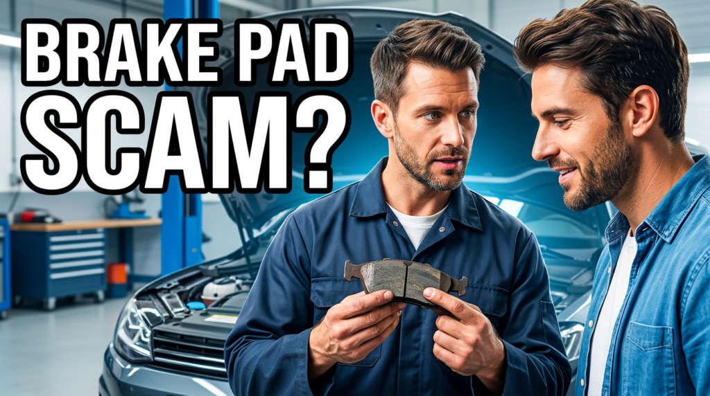 A close-up of a mechanic showing a worn-out brake pad to a car owner, explaining the issue clearly. The car owner should be looking at the brake pad with interest and understanding, showing a transparent conversation. The mechanic should point to specific areas on the brake pad to emphasize what needs to be replaced and why. The background should show an open car hood, with a clean and professional workshop setting. This image should give a sense of clarity and transparency, with a focus on honest communication.