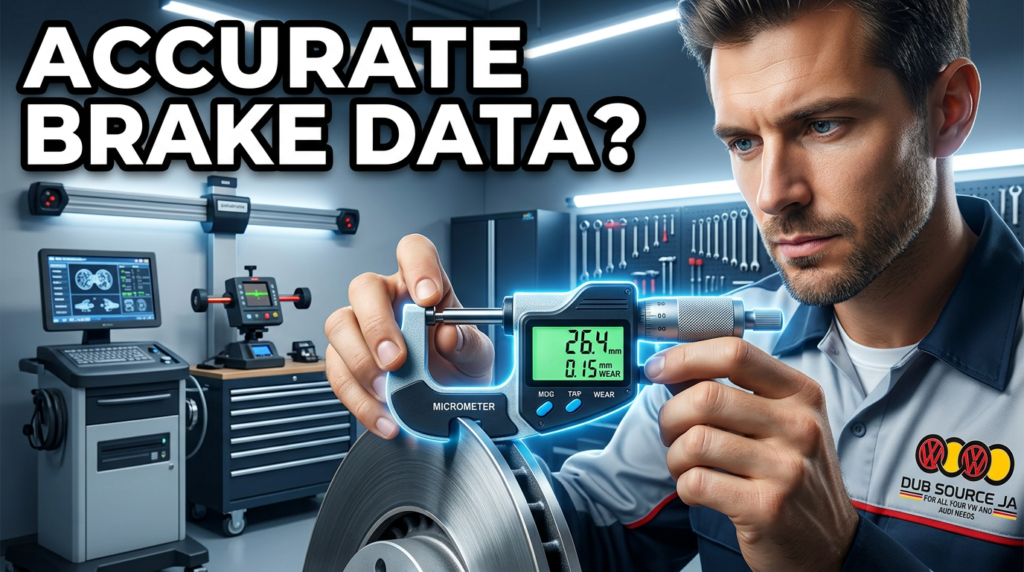 A mechanic using advanced diagnostic equipment to measure rotor thickness and brake pad wear. The image should show the mechanic interacting with a digital tool or measuring device that displays precise data on the brake system’s condition. The background should feature other modern automotive tools, giving a sense of a high-tech, well-equipped workshop. The lighting should highlight the diagnostic tool and emphasize the importance of using the right equipment to get accurate results. This image should convey a feeling of modernity, professionalism, and technical precision.