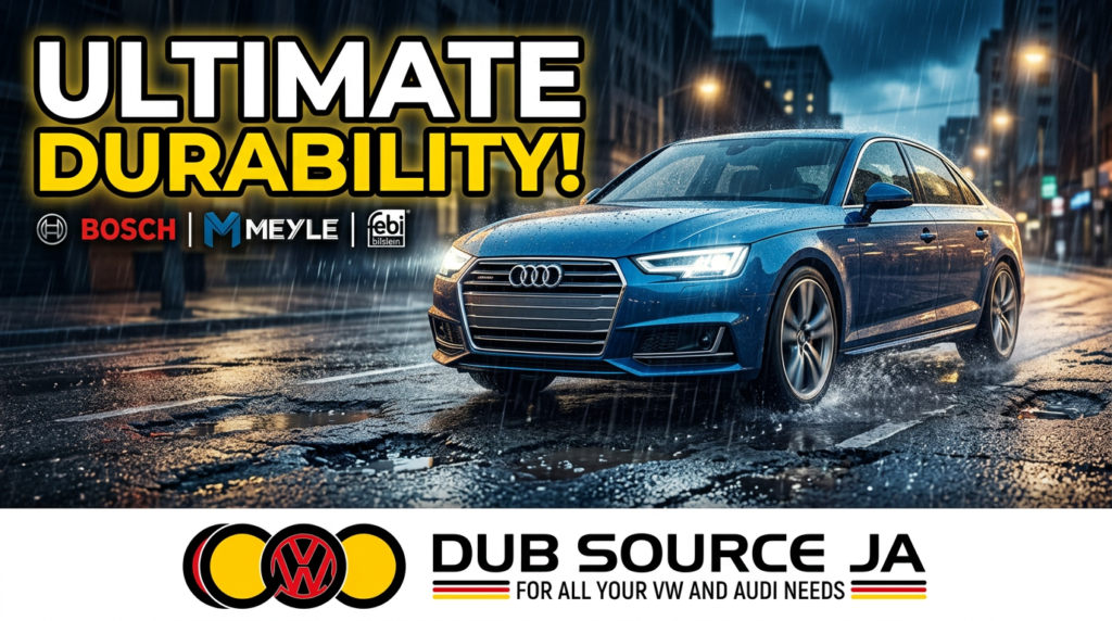 A shot of a car driving smoothly through rough road conditions (potholes, rainy weather, etc.), symbolizing the durability and longevity of Bosch, Meyle, or Febi parts. The car should appear stable and unshaken, despite the tough environment. The background should show a city street or highway, with a wet or uneven surface, while the car moves effortlessly, symbolizing how these premium parts endure over time.