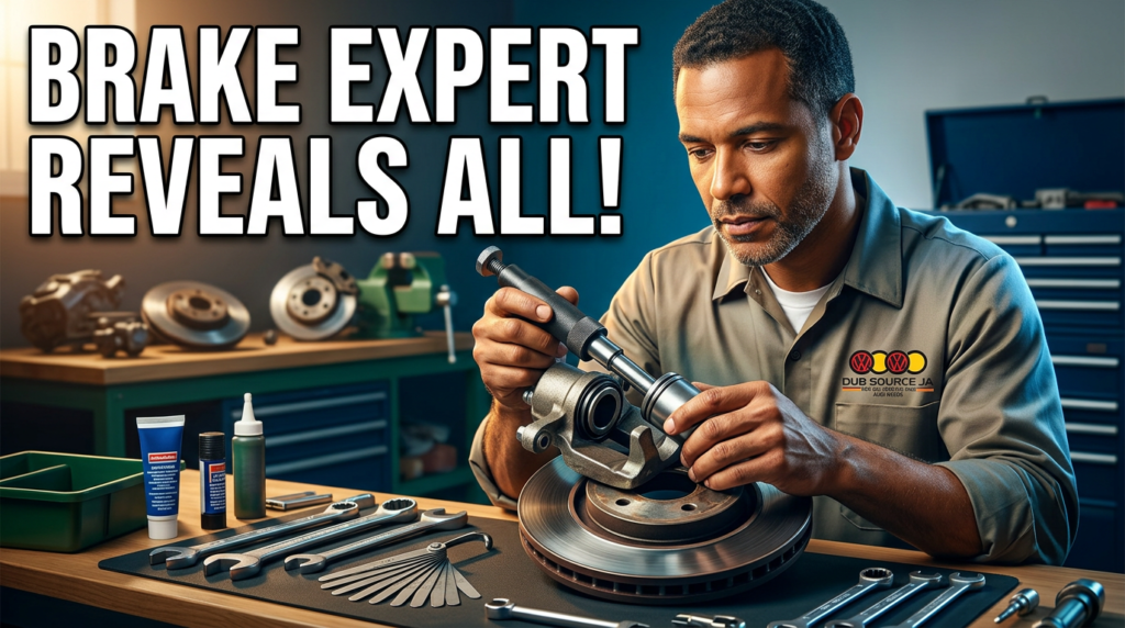 An experienced mechanic working on the brake system of a car, with a focus on their steady hands as they inspect brake parts. The mechanic should appear confident and focused, conveying a sense of expertise and experience. The image should feature a workbench with brake tools in the background, demonstrating the depth of knowledge the mechanic brings to the job. The shop should look organized, with the lighting highlighting the mechanic’s attention to detail. This image should evoke trust and the sense that the mechanic truly knows what they're doing.