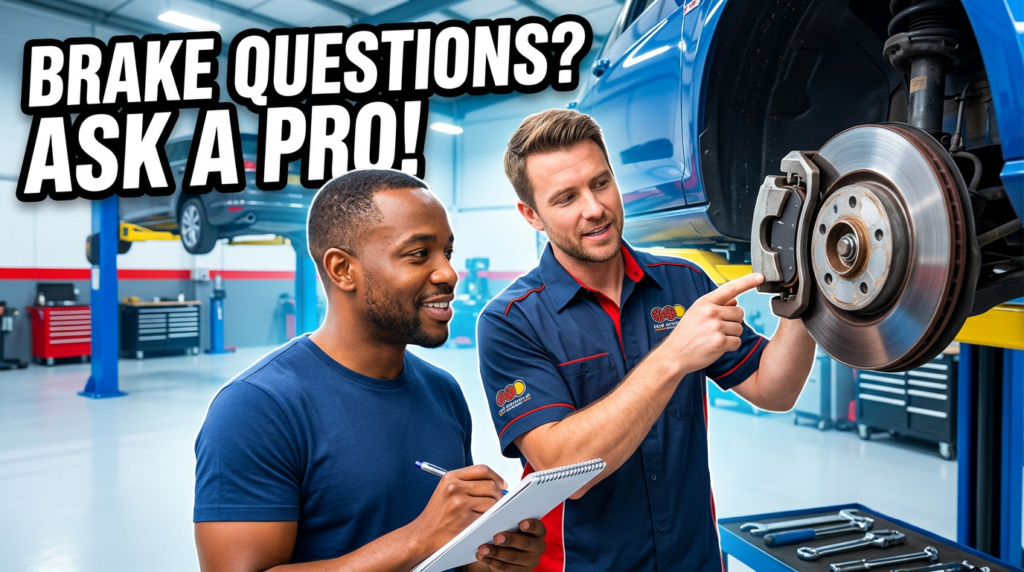 A car owner sitting with a mechanic, asking questions about the brake system. The mechanic should be explaining the brake components, pointing to the car’s brake pads, rotors, and other critical parts while the car owner takes notes or asks further questions. The mechanic should appear friendly and approachable, encouraging an open discussion. The background should show the car on a lift, with a clean and organized garage. This image should feel empowering, as it shows the car owner being educated about their vehicle and learning what they need to know.