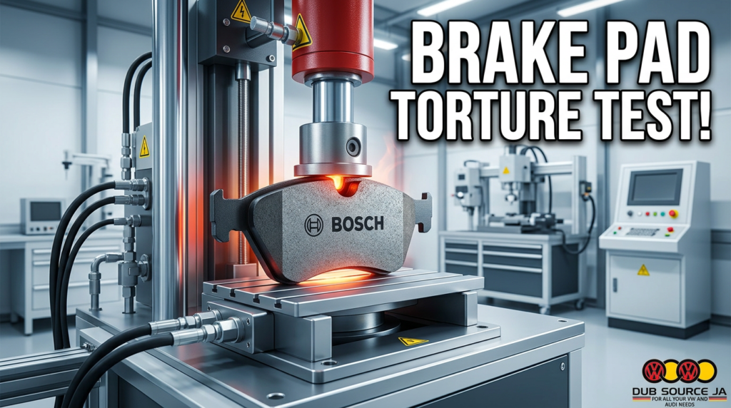 A photo of a Bosch brake pad being tested in a high-tech laboratory or automotive testing facility. The brake pad is under stress testing, with machinery and test equipment clearly visible in the background. The image should communicate cutting-edge technology and the rigorous testing these parts undergo to ensure they meet the highest standards. The lab should appear modern, clean, and well-lit to reflect the advanced engineering behind these products.
