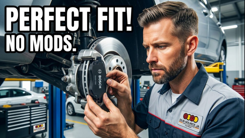A mechanic working on a car, installing a Bosch brake pad into the car's brake system. The mechanic is placing the part carefully into place, showing that it fits perfectly. The image should highlight the smooth installation process, with the Bosch part clearly in focus. The background should feature the undercarriage of the car and the workshop with ample lighting to demonstrate the precision and fitment of OEM parts.
