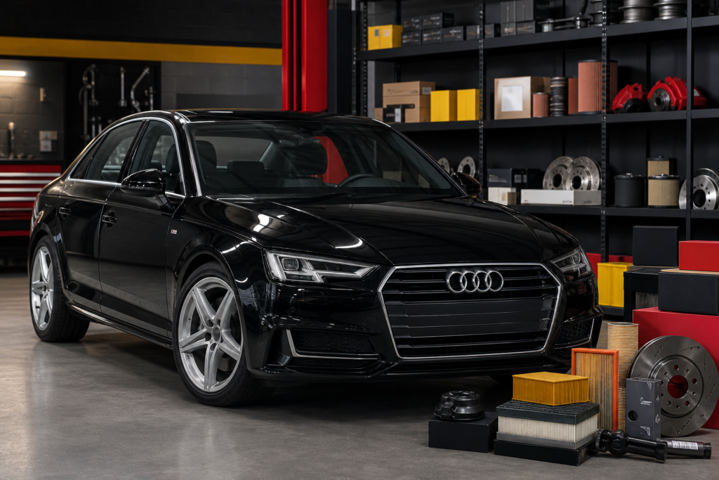Black Audi A4 with service and repair parts in a specialist Kingston workshop