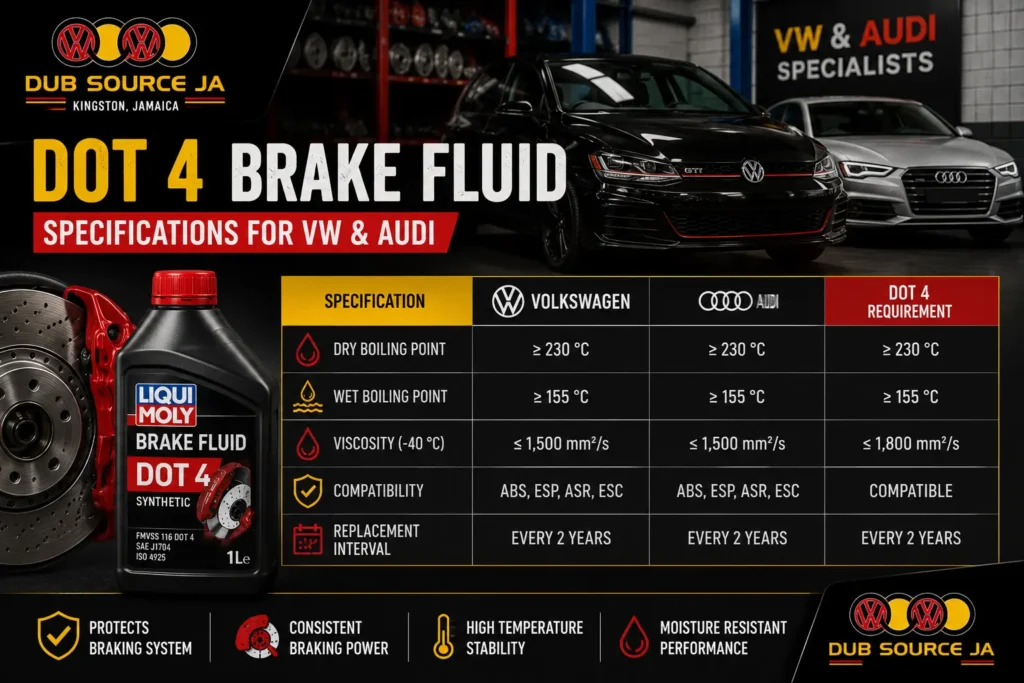 DOT 4 brake fluid specification for Volkswagen and Audi vehicles in Jamaica
