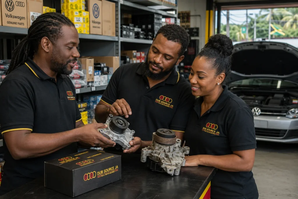 Dub Source Limited team comparing a new Volkswagen part with the original component before installation.