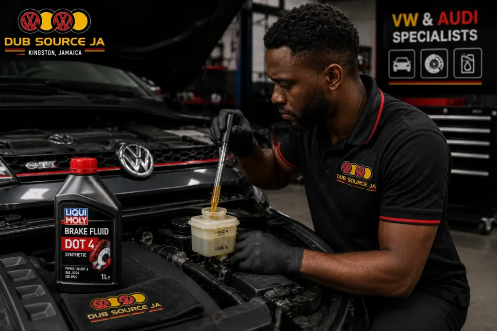 Technician checking brake fluid condition on Volkswagen Audi vehicle in Kingston Jamaica workshop