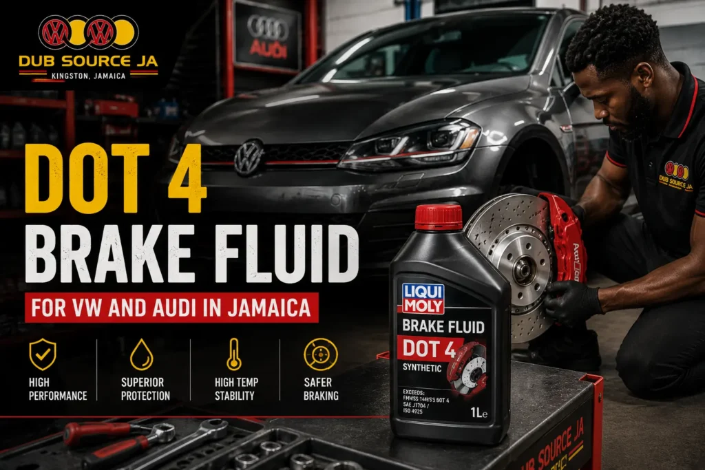Dub Source Limited guide explaining DOT 4 brake fluid for Volkswagen and Audi vehicles in Jamaica