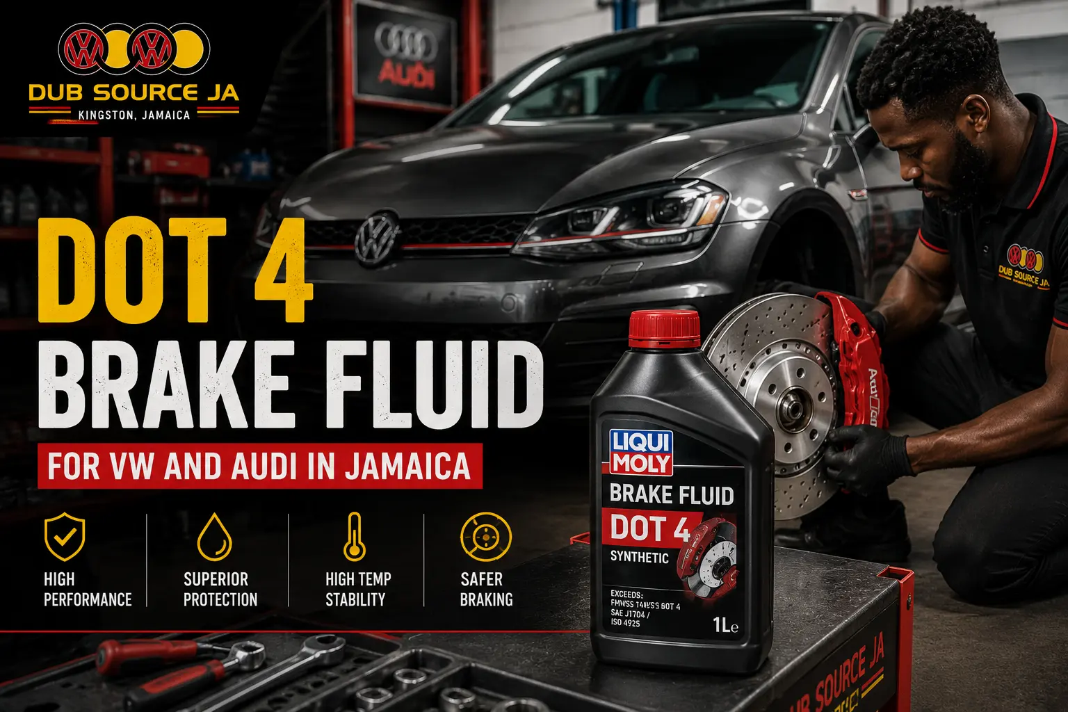 Dub Source Limited guide explaining DOT 4 brake fluid for Volkswagen and Audi vehicles in Jamaica