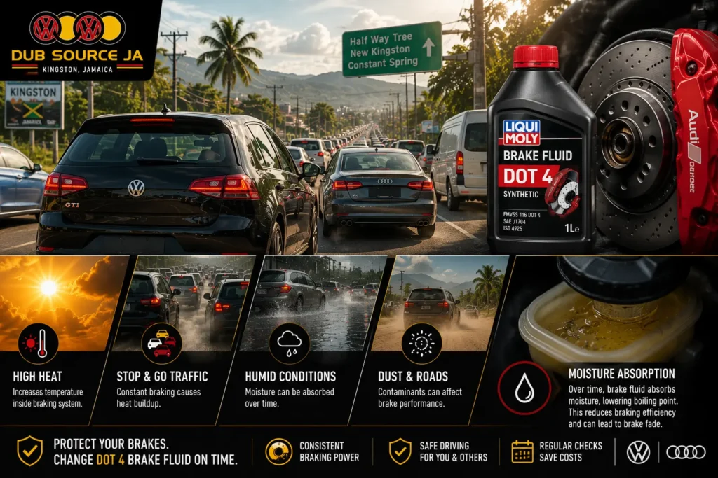 Kingston Jamaica driving conditions affecting DOT 4 brake fluid performance in VW and Audi vehicle