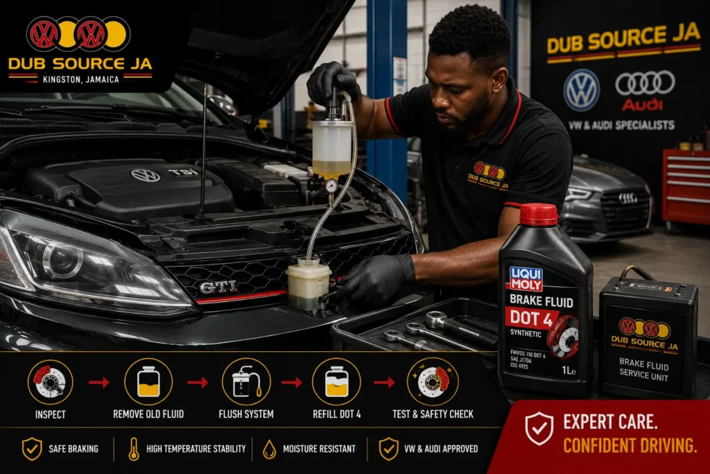 Dub Source Limited technician servicing DOT 4 brake fluid for Volkswagen Audi vehicles in Kingston
