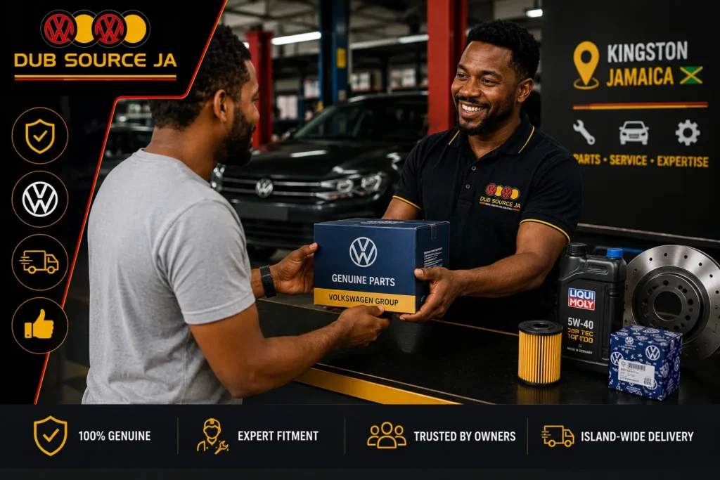 Customer receiving genuine VW parts at Dub Source Limited in Kingston, Jamaica