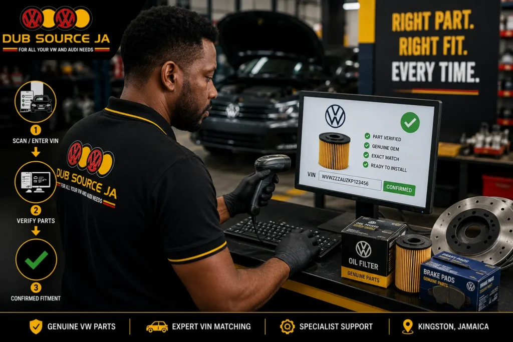 Dub Source Limited technician confirming Volkswagen parts using VIN in Kingston workshop