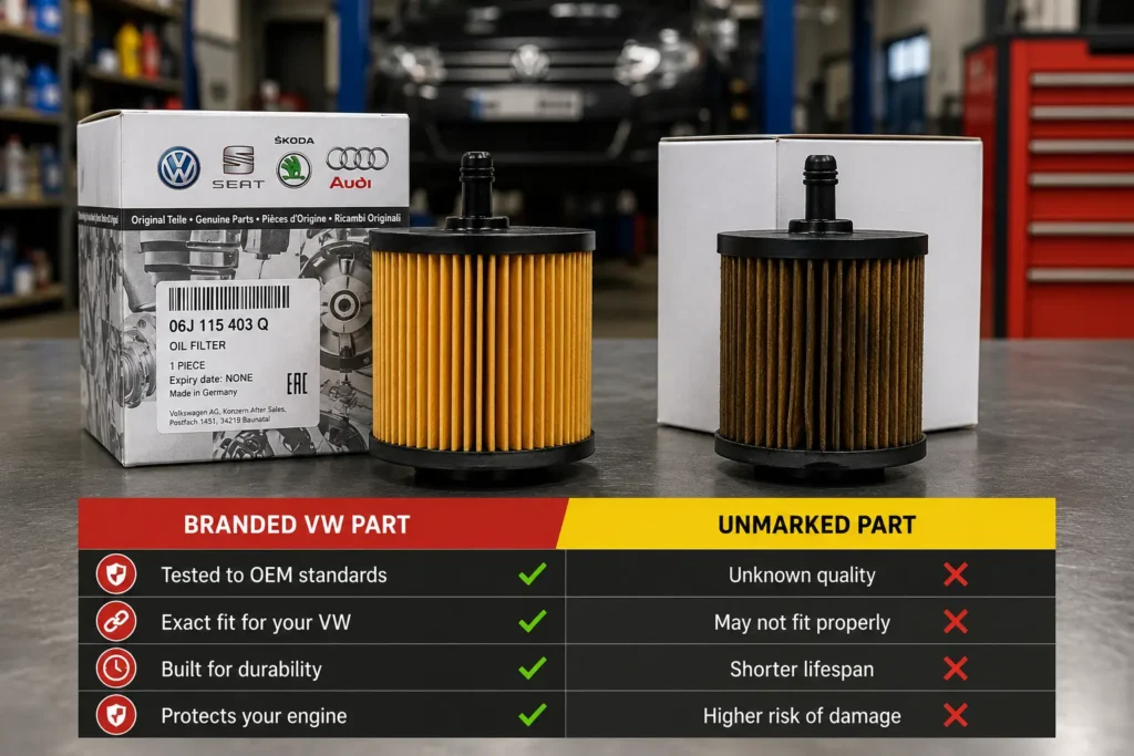 Genuine branded Volkswagen replacement part compared with an unverified aftermarket copy.