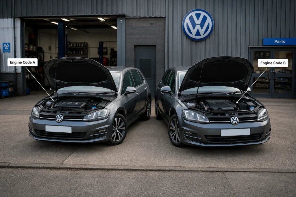 Two Volkswagen Golf vehicles from the same year with different engine codes and part requirements.