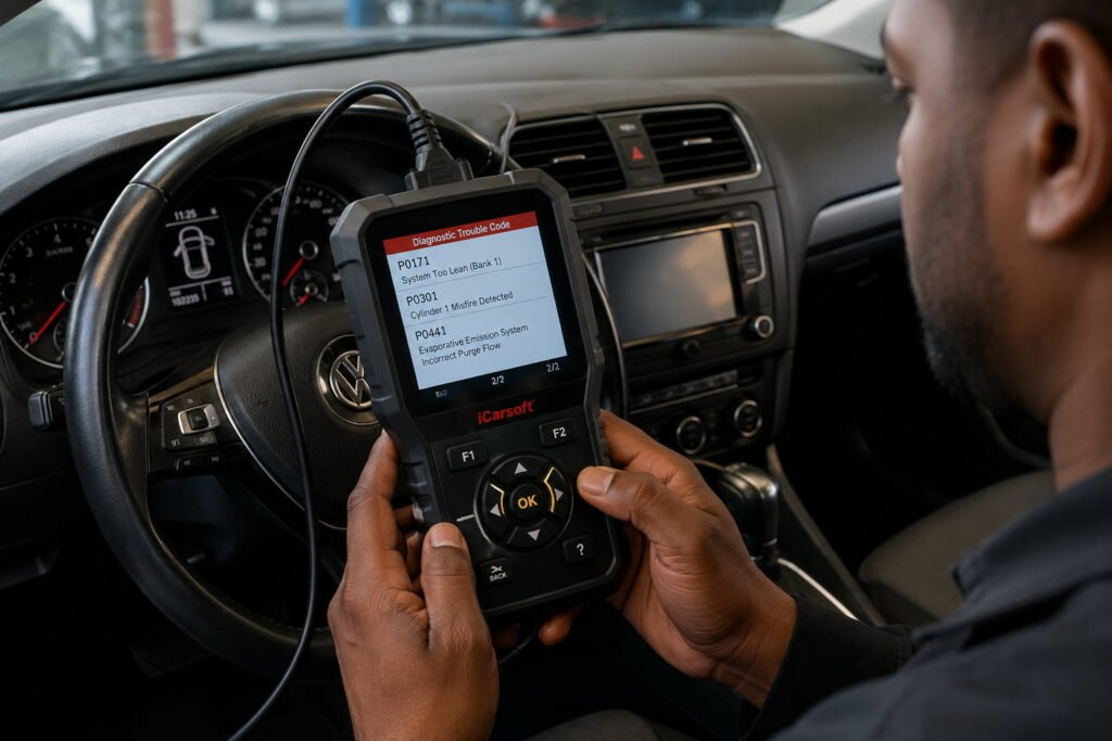 Technician using an OBD diagnostic scanner to inspect a Volkswagen before replacing parts.