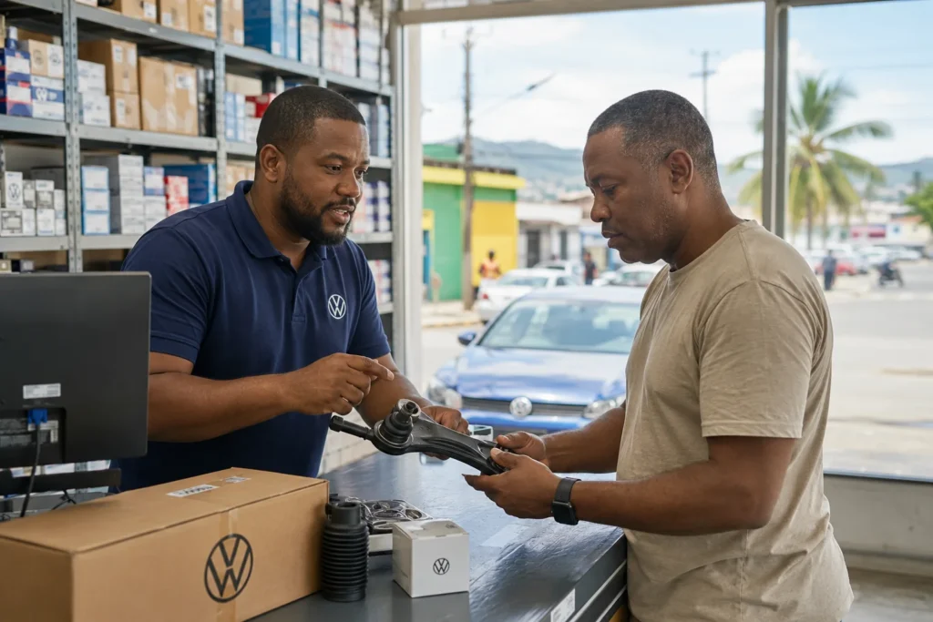 Volkswagen owner checking a replacement part with a parts specialist in Kingston, Jamaica