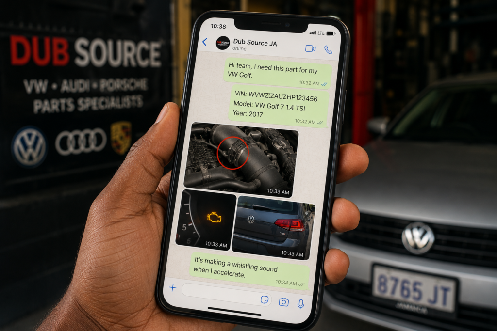Mobile phone showing a Volkswagen parts request with VIN, engine code, and clear component photos.